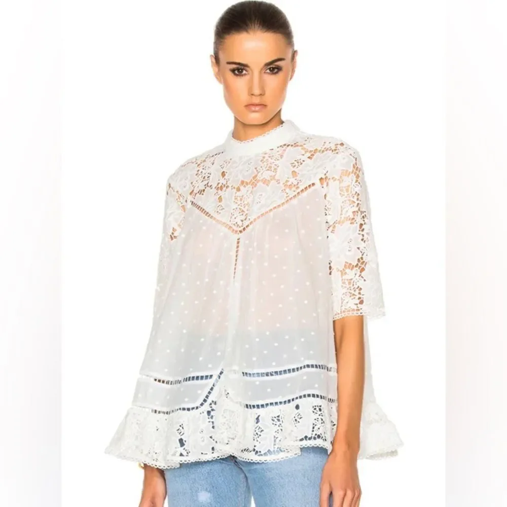 Zimmermann Caravan Embroidered Smock Top in Ivory White Crochet Lace Boho - Picture 2 of 14